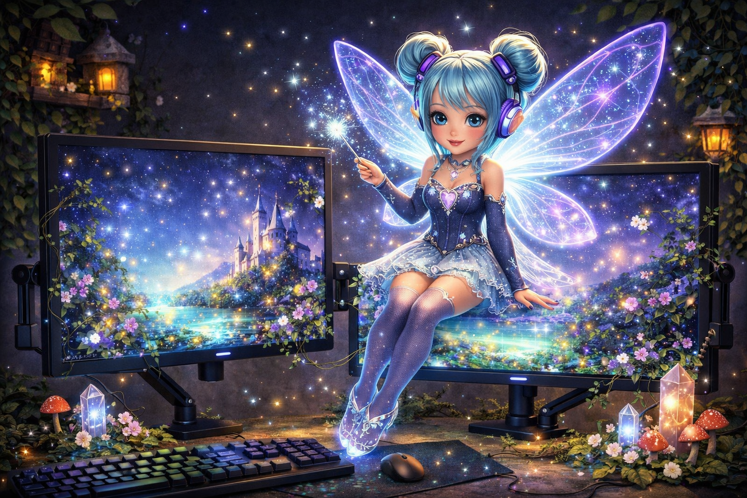 Alineefaa, a fantasy fairy mage seated among glowing stars and enchanted screens.